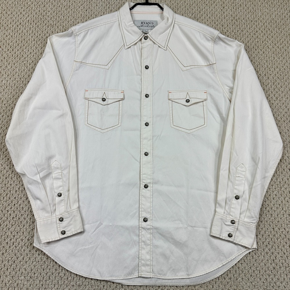 Ryan Michael Shirt Mens L White Western Pearl Snap Embroidered Yoke Silk Blend